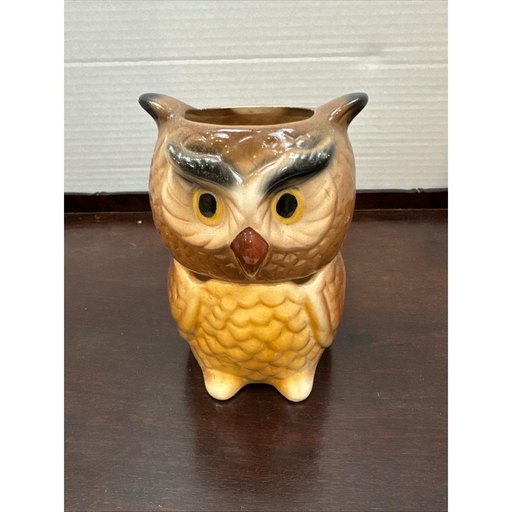 Vintage 1985 Ceramic Owl Tea Light Oil Potpourri Warmer Two Piece Brown Yellow